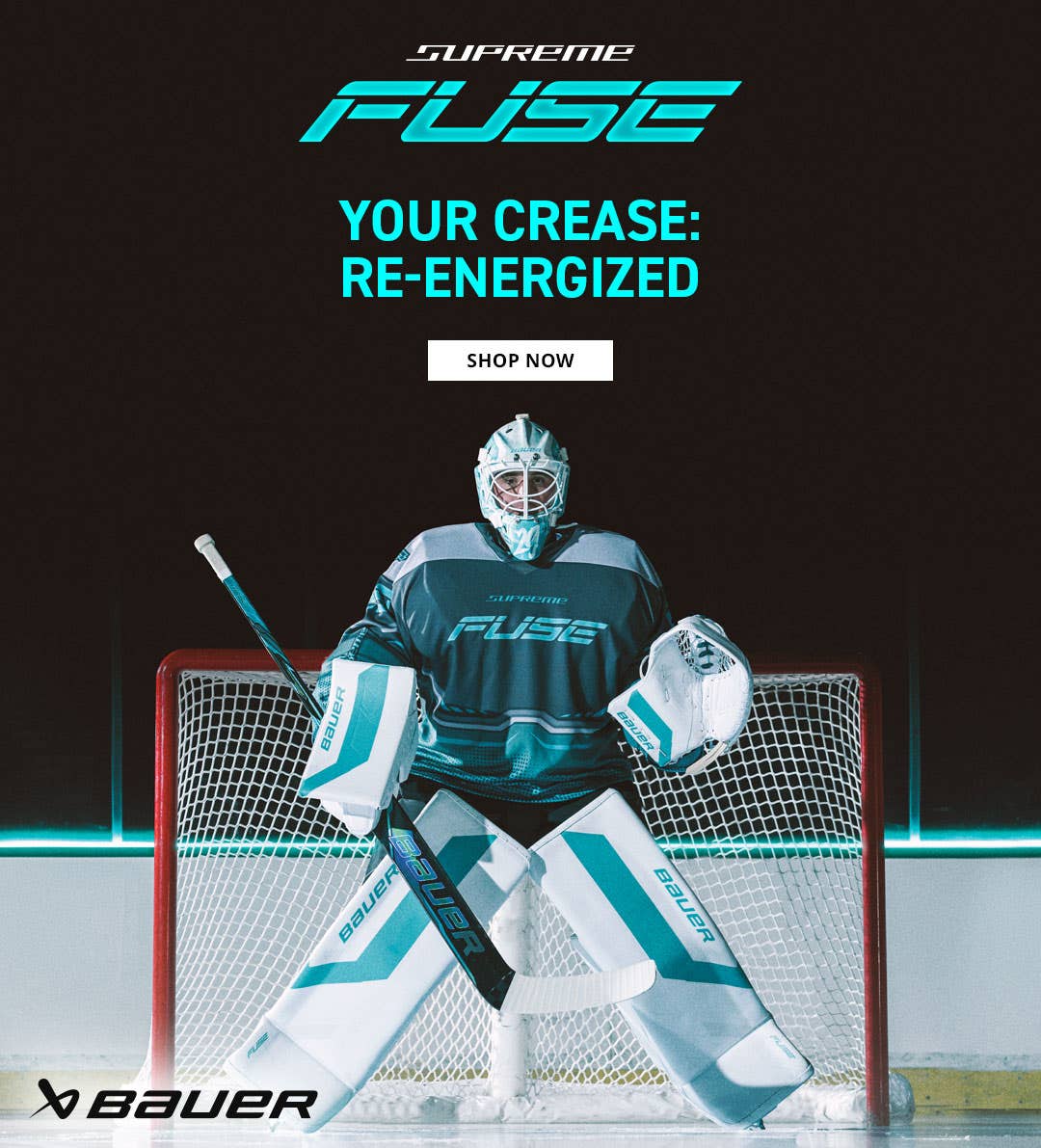 Bauer Supreme Fuse Goalie Equipment. Your crease re-energized.