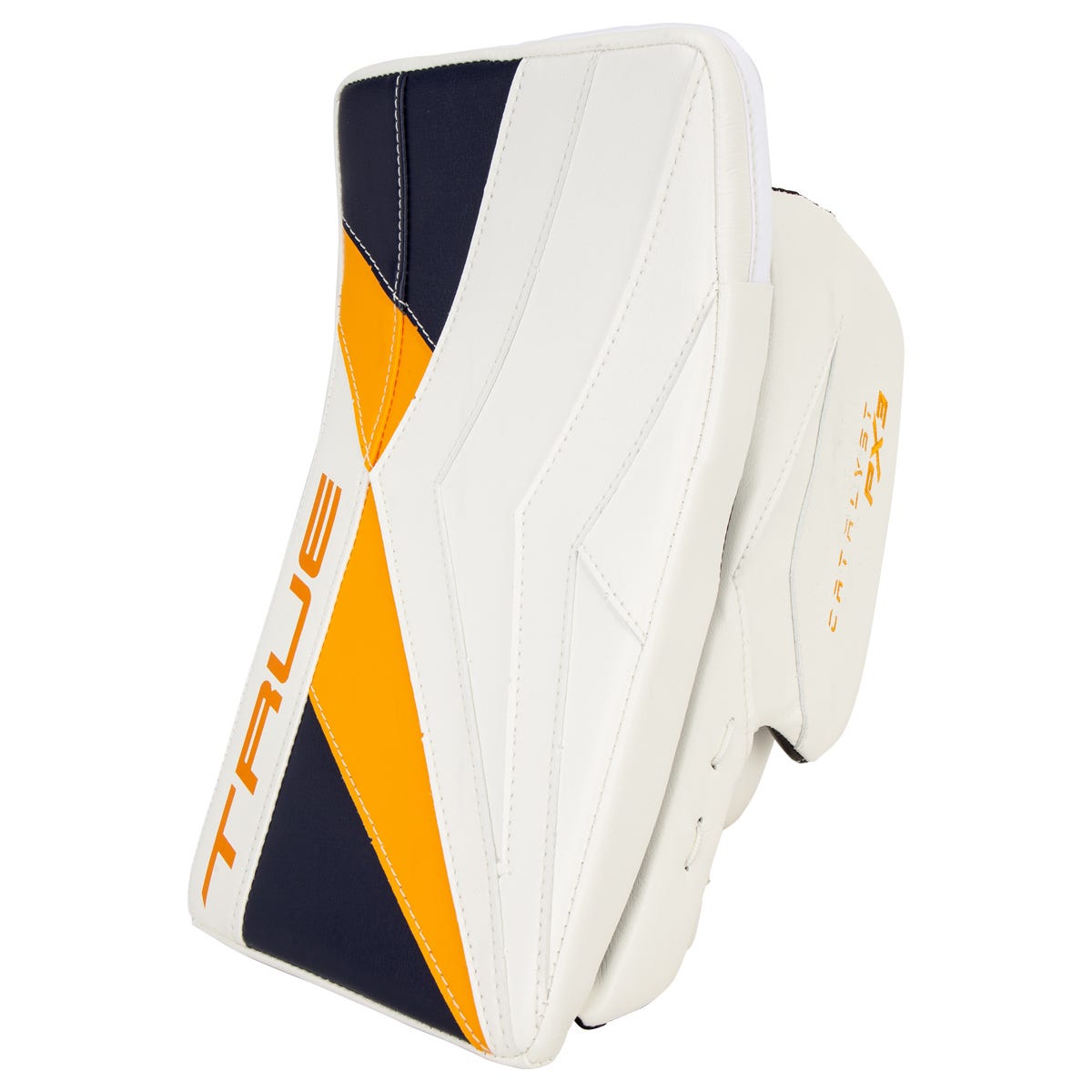 True Catalyst PX3 Senior Goalie Blocker in White/Navy/Gold