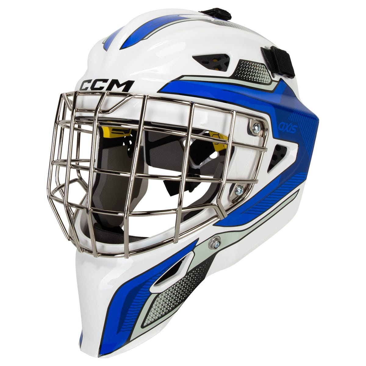 CCM Axis F5 Certified Straight Bar Goalie Mask - Team in Royal White Size Senior