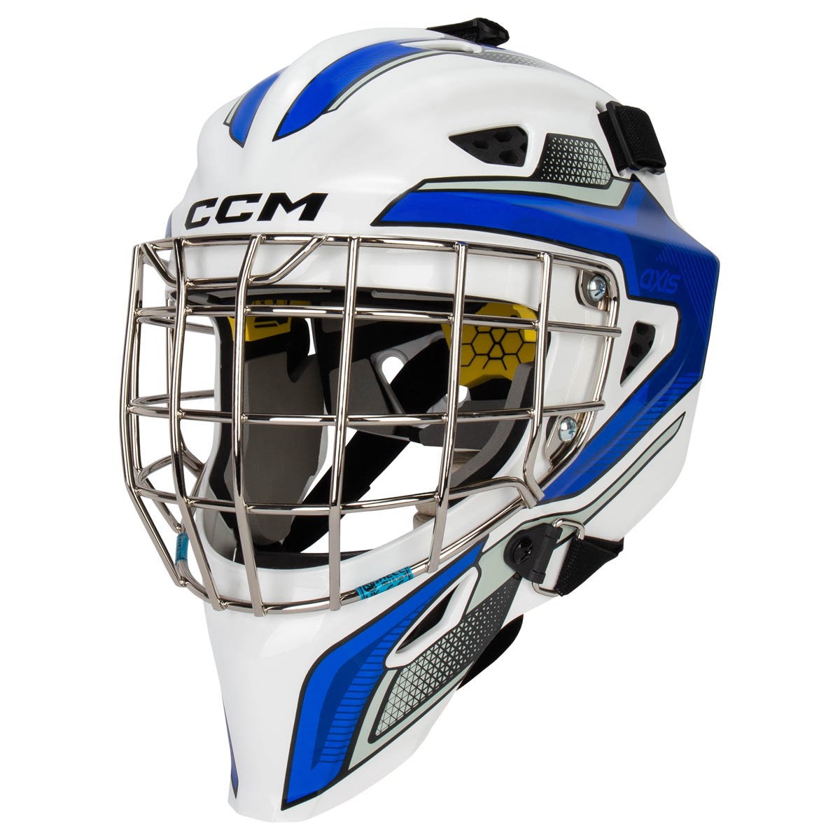 CCM Axis F5 Certified Straight Bar Goalie Mask - Team in Royal White Size Junior