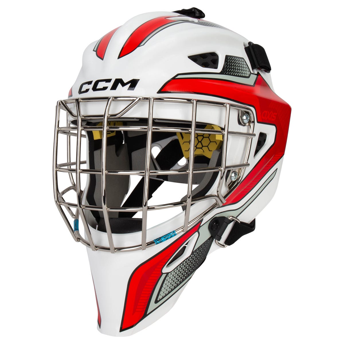 CCM Axis F5 Certified Straight Bar Goalie Mask - Team in White/Red Size Junior