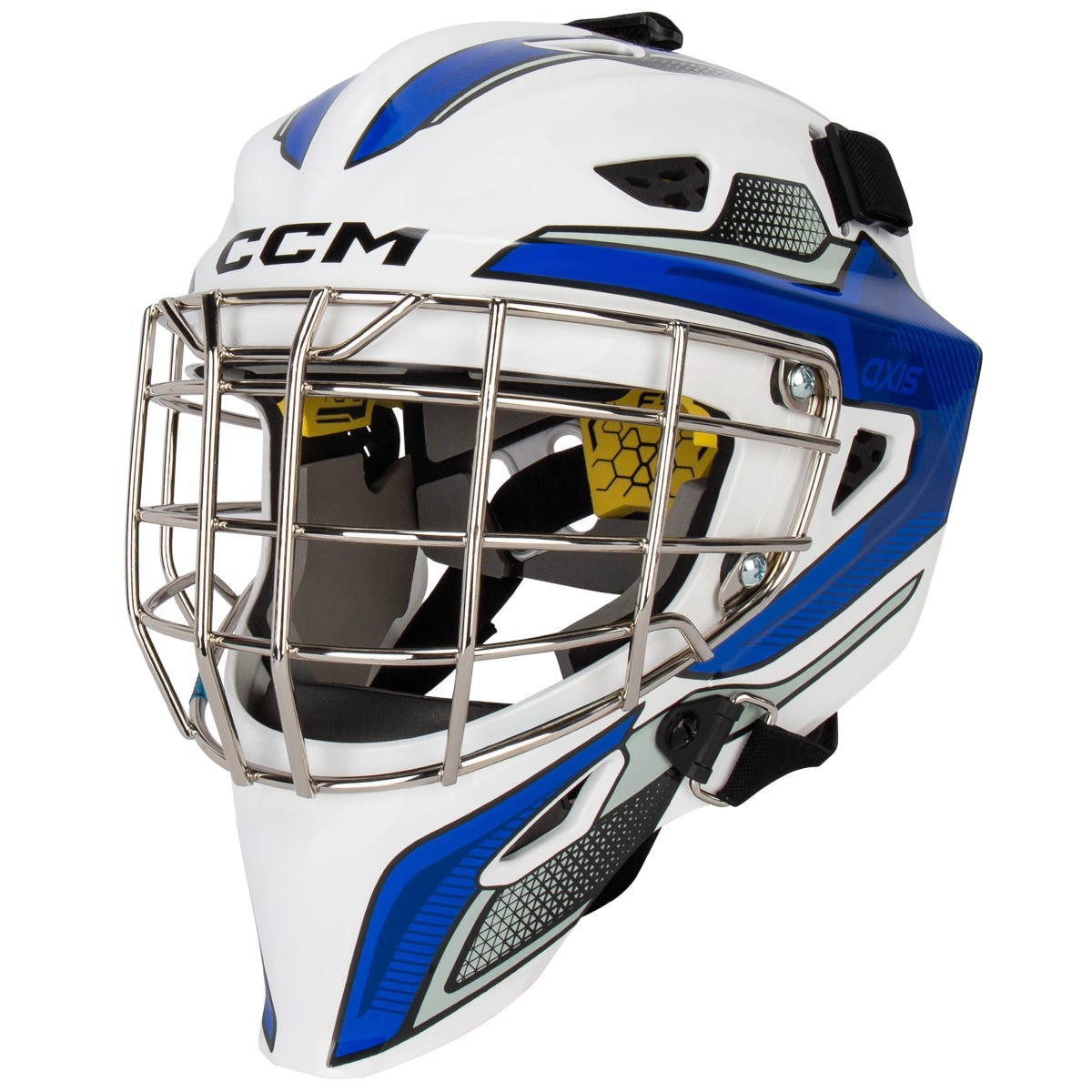 CCM Axis F5 Certified Straight Bar Youth Goalie Mask - Team in Royal White