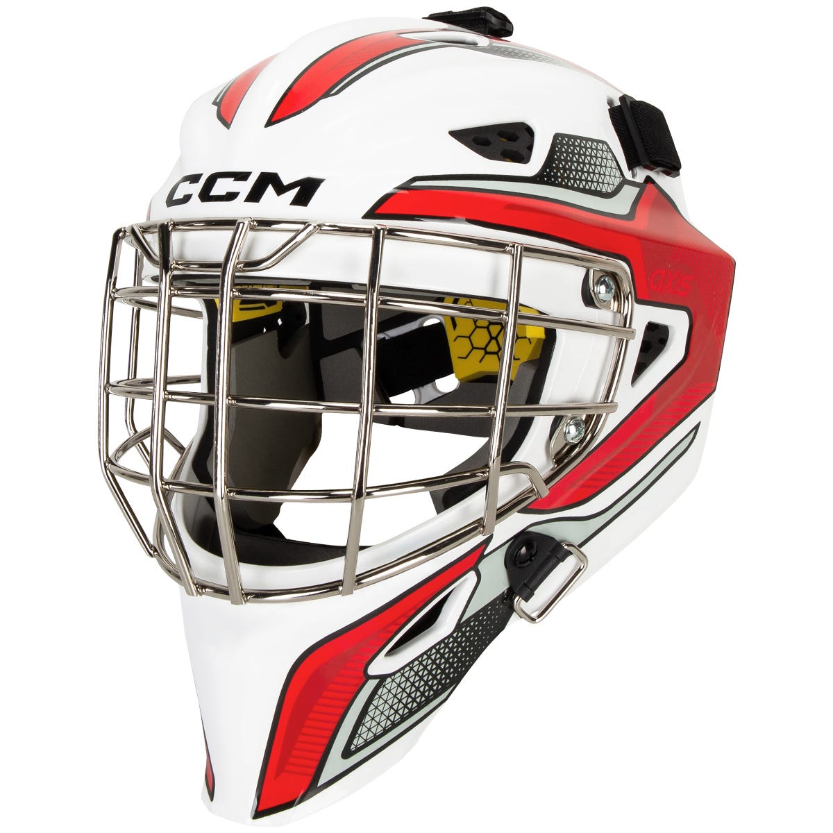 CCM Axis F5 Certified Straight Bar Youth Goalie Mask - Team in White/Red