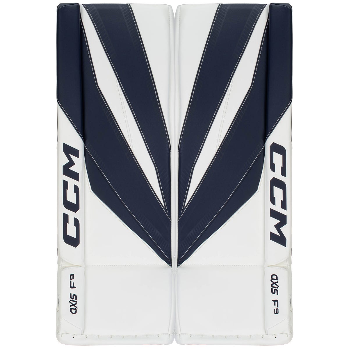 CCM Axis F9 Intermediate Goalie Leg Pads in White/Navy Size 32+1in