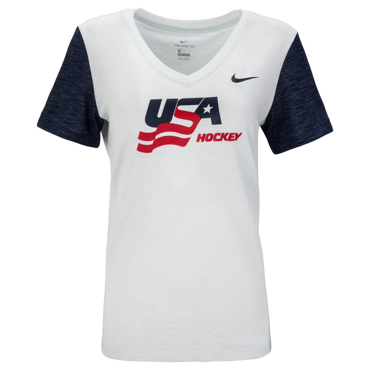 Nike USA Hockey Dri-Fit Cotton Slub V-Neck Womens Short Sleeve T-Shirt in White/Navy Size Small