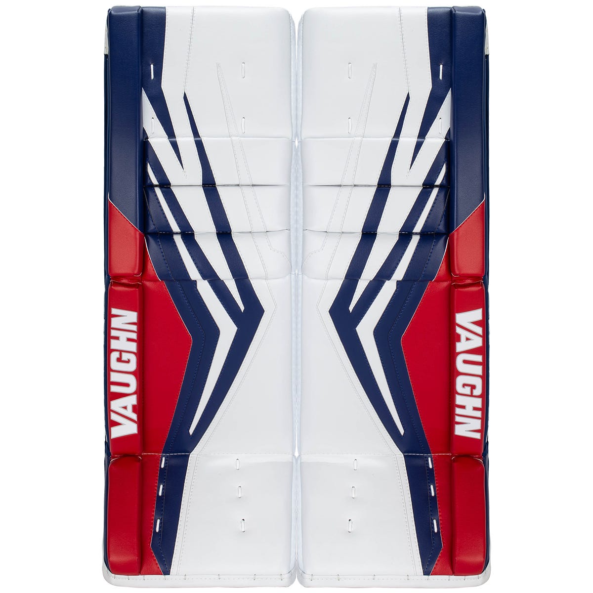 Vaughn Velocity V10 Pro Carbon Senior Goalie Leg Pads - Stock Custom in Quick White/Blue/Red Size 33+2in