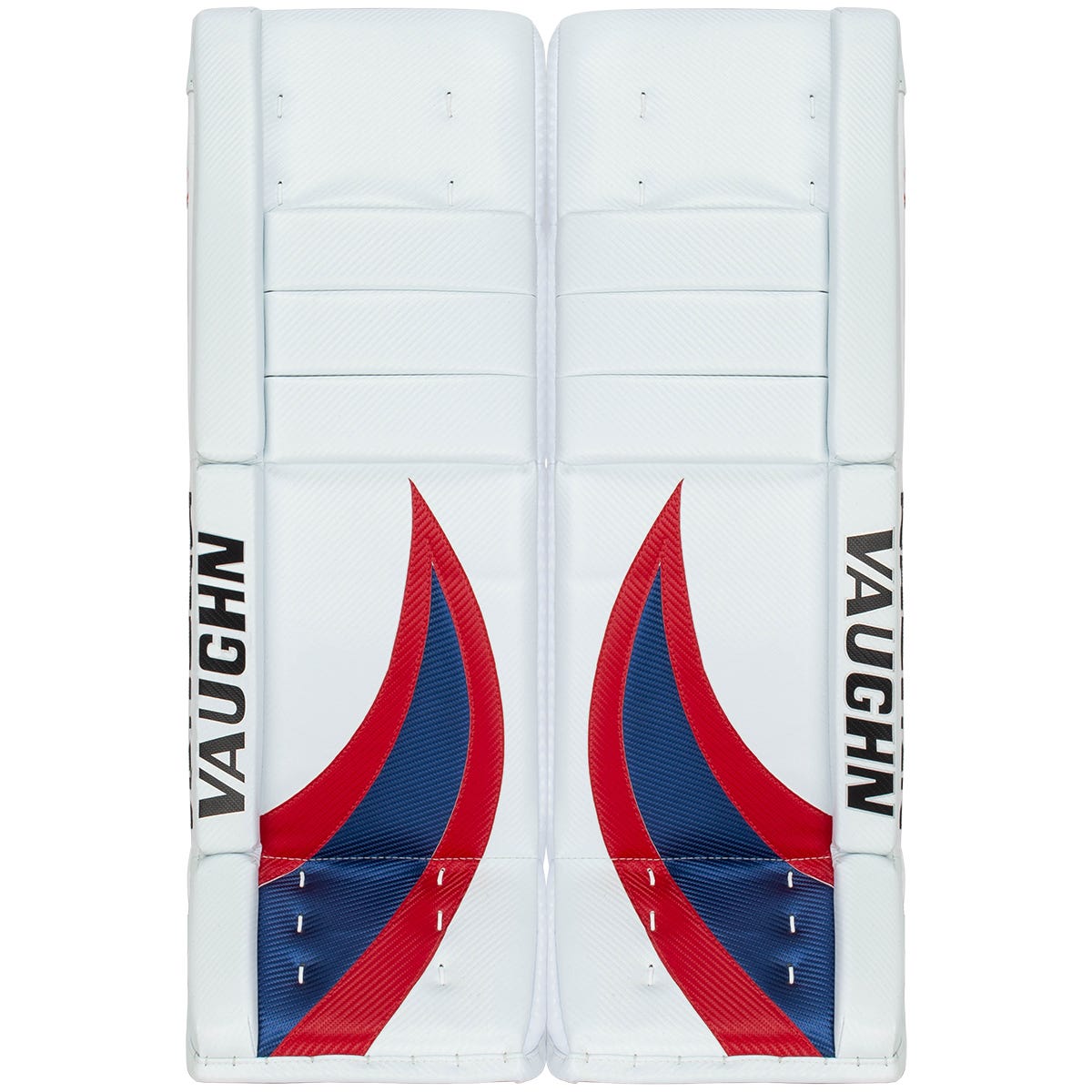 Vaughn Velocity V10 Pro Carbon Senior Goalie Leg Pads - Stock Custom in Swirl White Weave/Red Weave/Blue Weave Size 33+2in