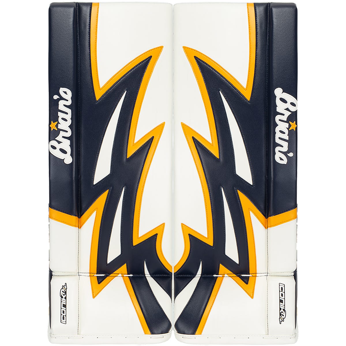 Brians Brians Iconik DX2 Junior Goalie Leg Pads in White/Navy/Gold Size 27+1in