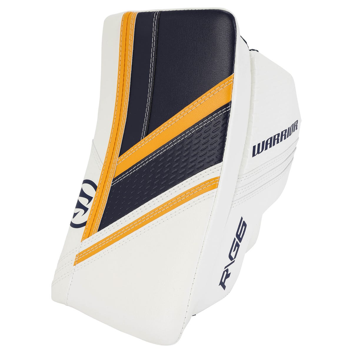 Warrior Ritual G6 E+ Intermediate Goalie Blocker in White/Navy/Gold