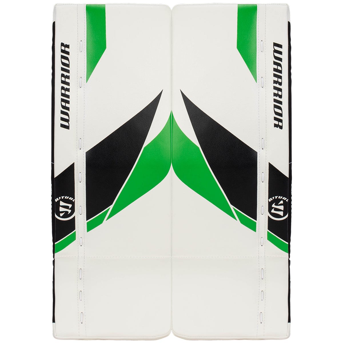 Warrior Ritual G7 Youth Goalie Leg Pads in White/Black/Neon Green Size 24+.5in