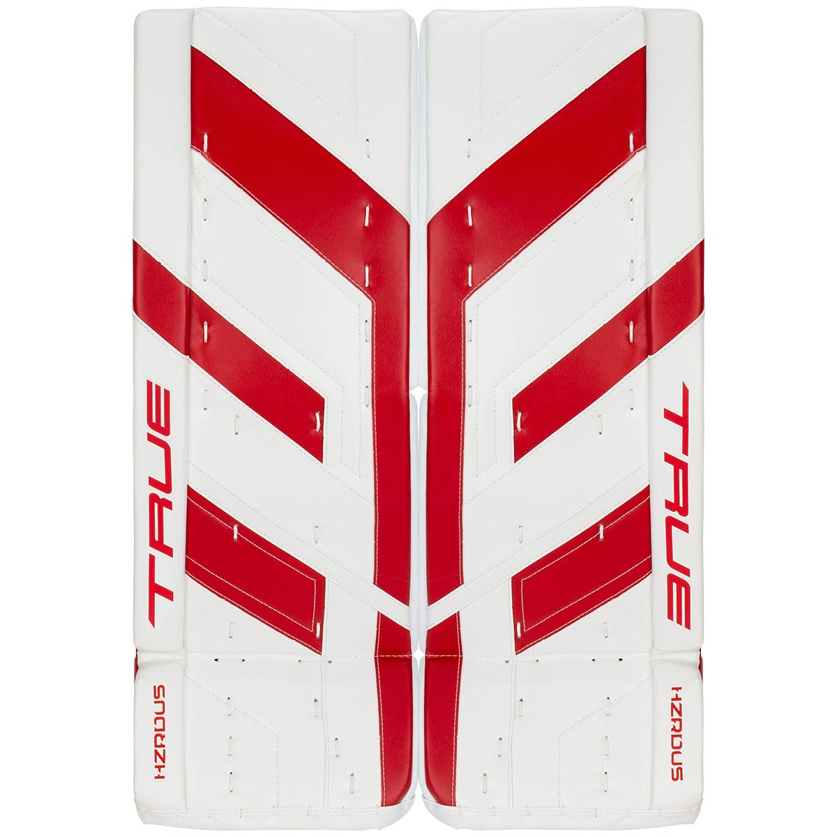 True HZRDUS 7X4 Senior Goalie Leg Pads in White/Red Size 34+2in