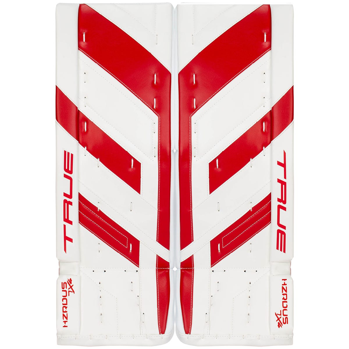 True HZRDUS 7X4 Intermediate Goalie Leg Pads in White/Red Size 29+2in