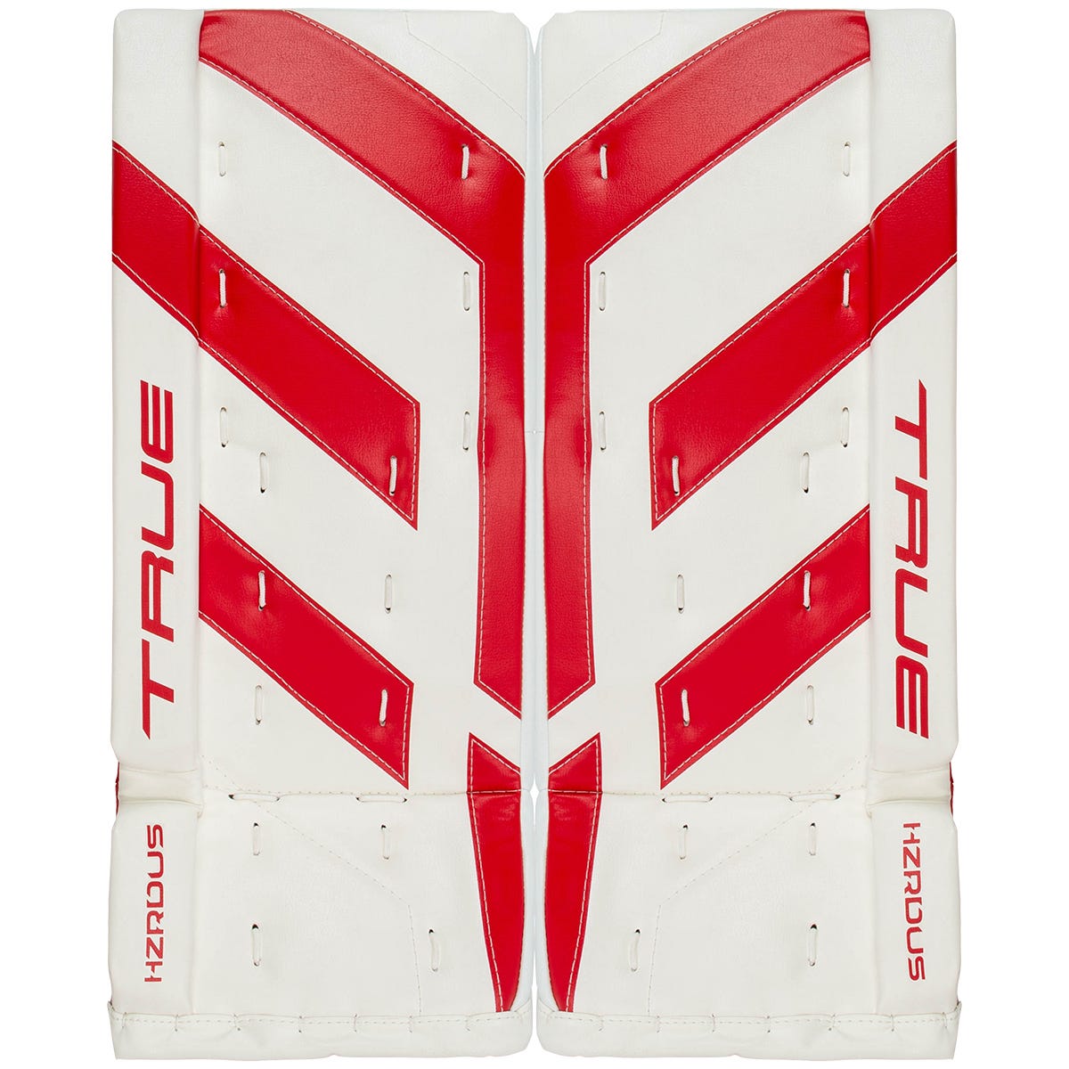 True HZRDUS Junior Goalie Leg Pads in White/Red Size 28+2in