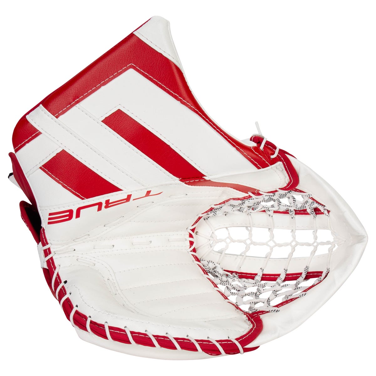 True HZRDUS 7X4 Senior Goalie Glove in White/Red