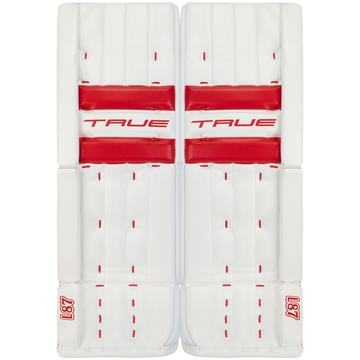 True Catalyst 7X-L87 Senior Goalie Leg Pads in White/Red Size 34+2in