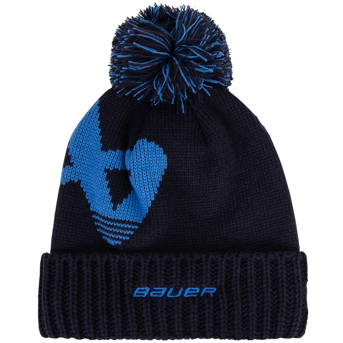 "Bauer Intarsia Knit Adult Beanie with POM | 100% Acrylic in Navy/Blue"