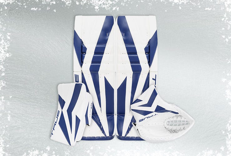 True Catalyst goalie equipment on an icy background
