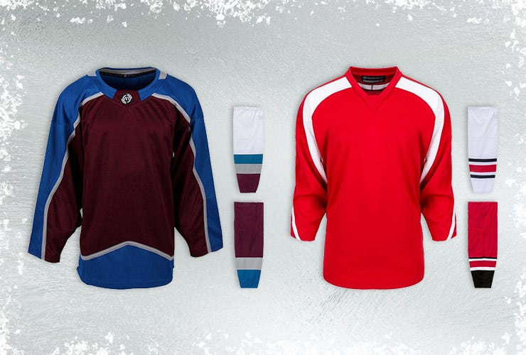 MonkeySports hockey jerseys and socks on an icy background