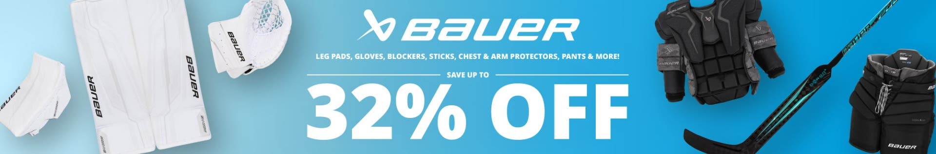 Bauer leg pads, gloves, blockers, sticks, chest & arm protectors, pants, and more! Save up to 32% off