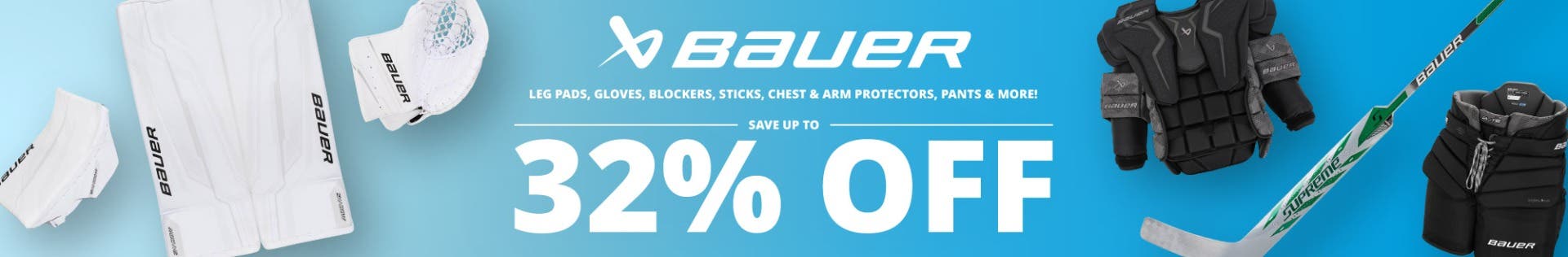Bauer leg pads, gloves, blockers, sticks, chest & arm protectors, pants, and more! Save up to 32% off
